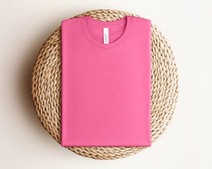 Bella+Canvas 3001 — Folded on Rattan mockup in Heather Charity Pink