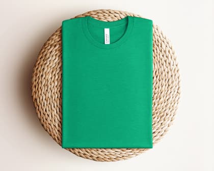Bella+Canvas 3001 — Folded on Rattan mockup in Heather Kelly