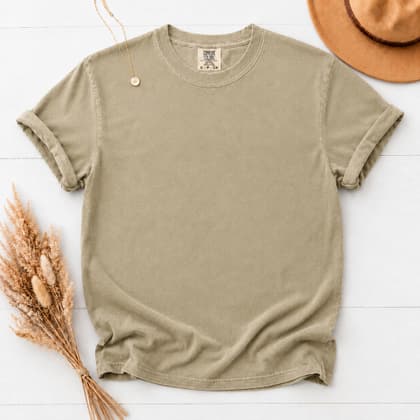 Comfort Colors® 1717 — Flat Lay with Props mockup in Khaki