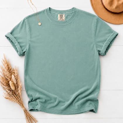 Comfort Colors® 1717 — Flat Lay with Props mockup in Seafoam