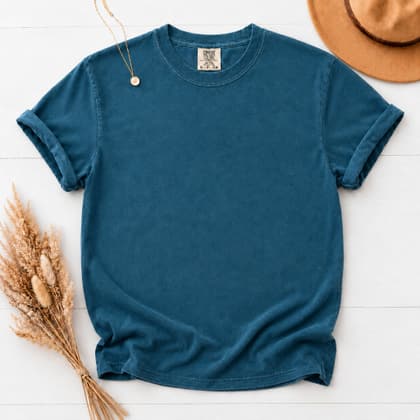 Comfort Colors® 1717 — Flat Lay with Props mockup in Topaz Blue