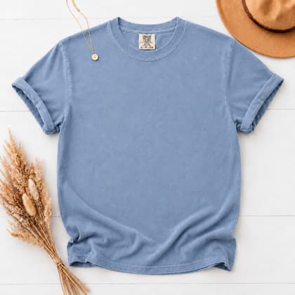 Comfort Colors® 1717 — Flat Lay with Props mockup in Washed Denim