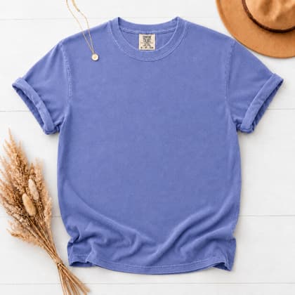 Comfort Colors® 1717 — Flat Lay with Props mockup in Flo Blue