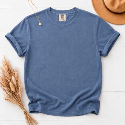 Comfort Colors® 1717 — Flat Lay with Props mockup in Mystic Blue