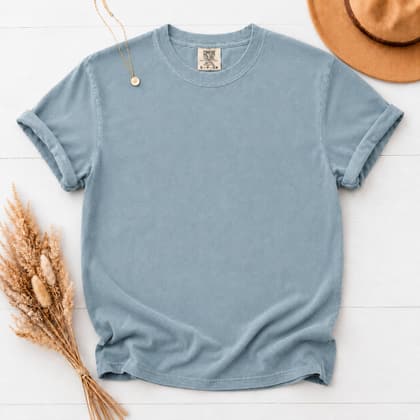Comfort Colors® 1717 — Flat Lay with Props mockup in Ice Blue