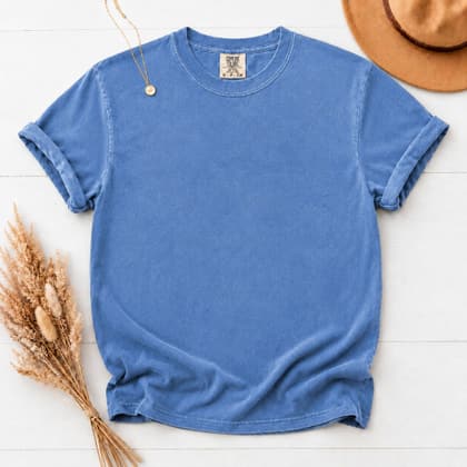Comfort Colors® 1717 — Flat Lay with Props mockup in Royal Caribe