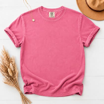 Comfort Colors® 1717 — Flat Lay with Props mockup in Heliconia