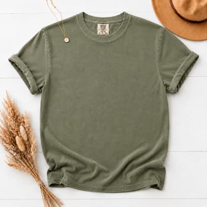 Comfort Colors® 1717 — Flat Lay with Props mockup in Moss