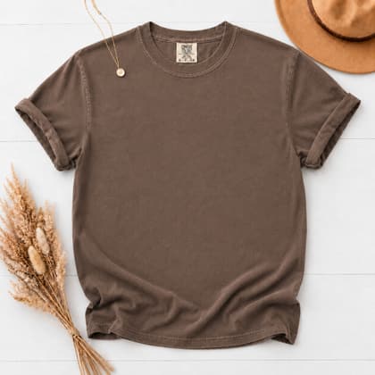Comfort Colors® 1717 — Flat Lay with Props mockup in Espresso