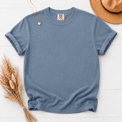 Comfort Colors® 1717 — Flat Lay with Props mockup in Blue Jean