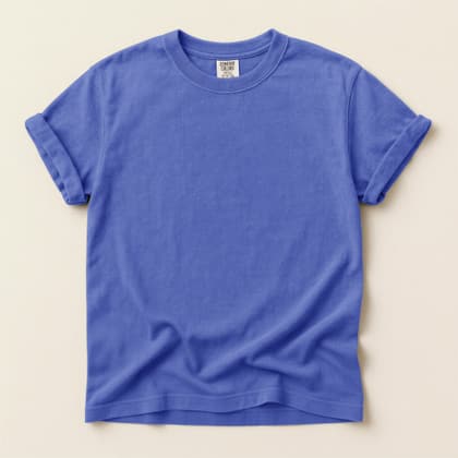 Comfort Colors® 1717 — Flat Lay on Cream mockup in Flo Blue