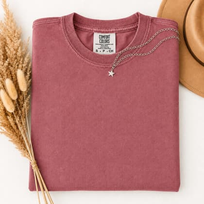 Comfort Colors® 1717 — Folded with Props mockup in Crimson