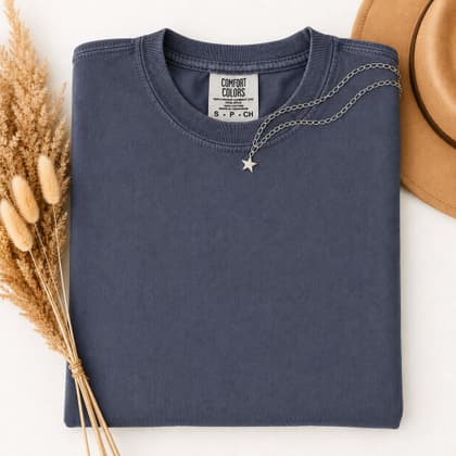 Comfort Colors® 1717 — Folded with Props mockup in Denim