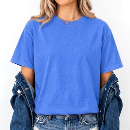 Comfort Colors® 1717 — Worn by a Model mockup in Flo Blue
