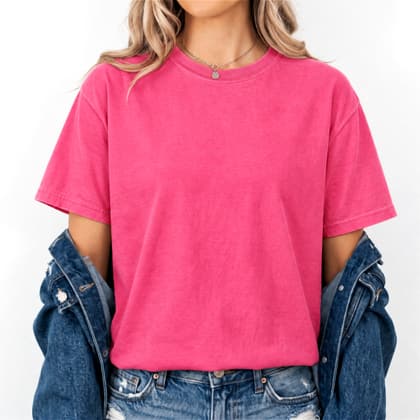 Comfort Colors® 1717 — Worn by a Model mockup in Heliconia