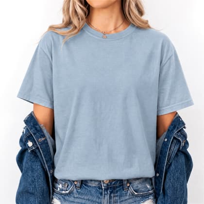 Comfort Colors® 1717 — Worn by a Model mockup in Ice Blue