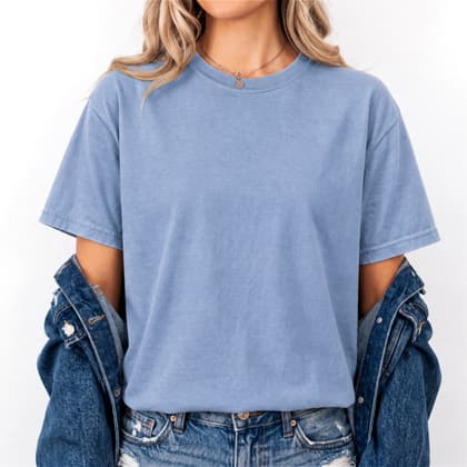 Comfort Colors® 1717 — Worn by a Model mockup in Washed Denim