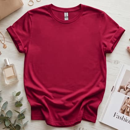 Gildan 64000 Softstyle — Flat Lay mockup in Cardinal