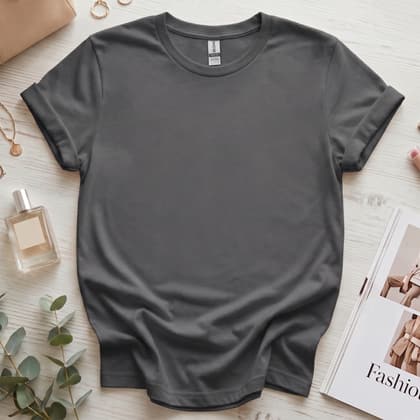 Gildan 64000 Softstyle — Flat Lay mockup in Charcoal