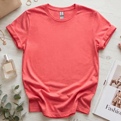 Gildan 64000 Softstyle — Flat Lay mockup in Coral Silk