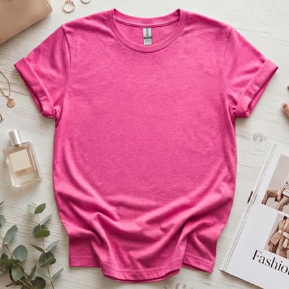Gildan 64000 Softstyle — Flat Lay mockup in Heather Heliconia