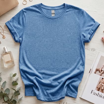 Gildan 64000 Softstyle — Flat Lay mockup in Heather Indigo