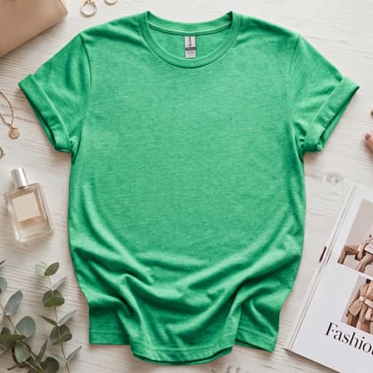 Gildan 64000 Softstyle — Flat Lay mockup in Heather Irish Green