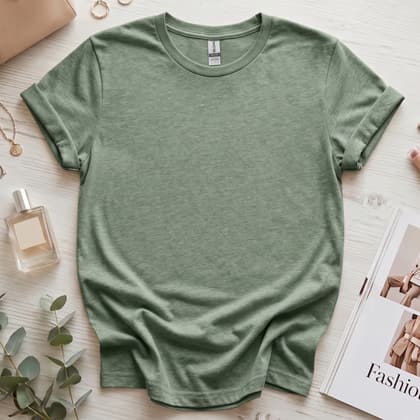 Gildan 64000 Softstyle — Flat Lay mockup in Heather Military