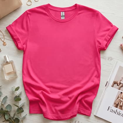 Gildan 64000 Softstyle — Flat Lay mockup in Heliconia