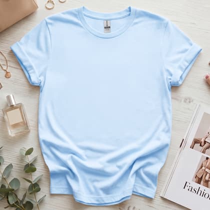 Gildan 64000 Softstyle — Flat Lay mockup in Light Blue