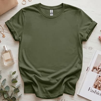 Gildan 64000 Softstyle — Flat Lay mockup in Military Green