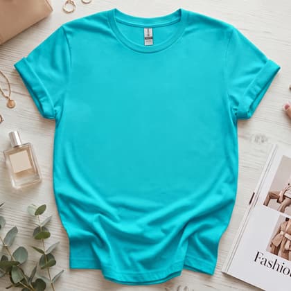 Gildan 64000 Softstyle — Flat Lay mockup in Tropical Blue
